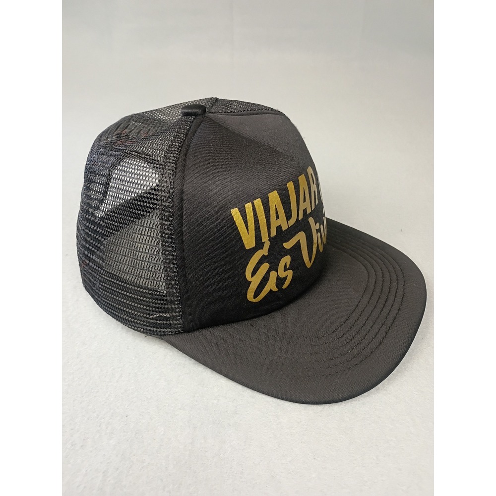Viajar Es Vivir Black Trucker Hat Gold Graphic Mesh Snapback Travel Cap M7711